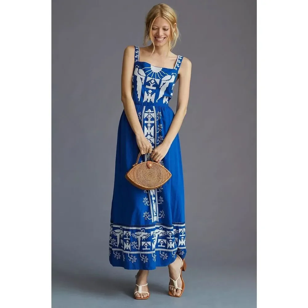 Anthropologie Farm Rio Square-Neck Embroidered Maxi Dress $295